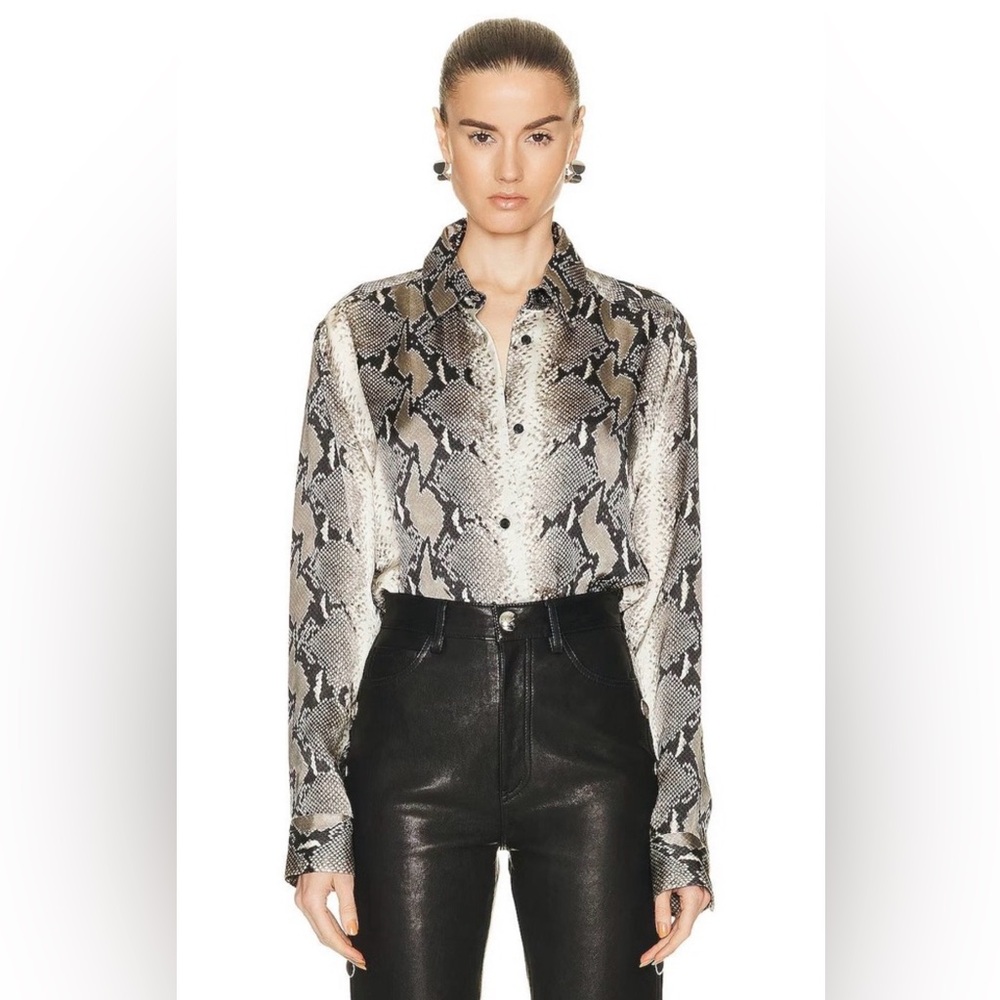KHAITE Neutral Snake-Print Silk Button-Down Shirt